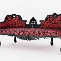 Ornate Vintage Sofa With Black Frame Red Floral Fabric And Carved Details