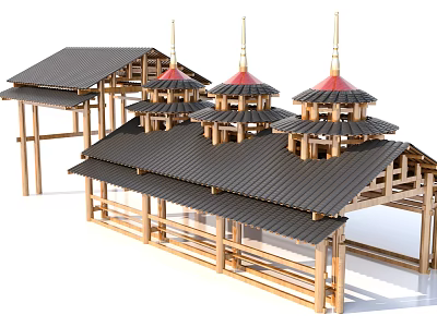 Ancient Architecture With Multiple Red Roof Towers And Black Tile Wooden Structure 3d model