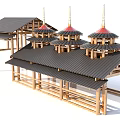 Ancient Architecture With Multiple Red Roof Towers And Black Tile Wooden Structure