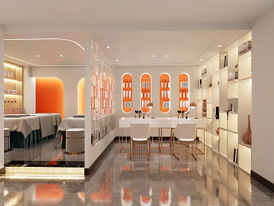 Stylish Beauty Salon Interior Design With Modern Chairs Mirrors Shelves And Warm Lighting 3d model