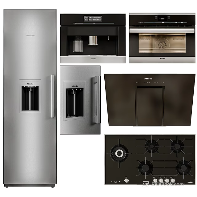 Modern Kitchen Appliances Including Refrigerator Coffee Machine Oven Range Hood And Gas Stove 3d model 