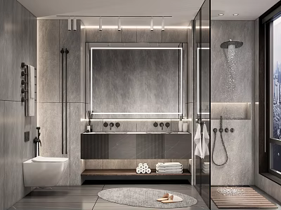 Modern Bathroom Interior With Grey Stone Tiles Large Mirror Double Vanity And Shower Area 3d model