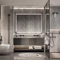 Modern Bathroom Interior With Grey Stone Tiles Large Mirror Double Vanity And Shower Area