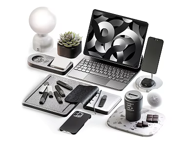 Modern Tech Accessories and Daily Essentials Setup With Laptop Smartphone Desk Lamp Succulent and Stationery 3d model