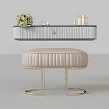 Modern Dressing Table with Gray Top Beige Upholstered Stool Golden Legs and Cosmetics Bouquet