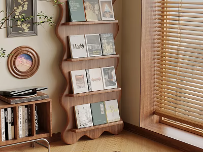 Wooden Wave Design Bookshelf Displaying Stacked Books In Natural Light Home Interior 3d model
