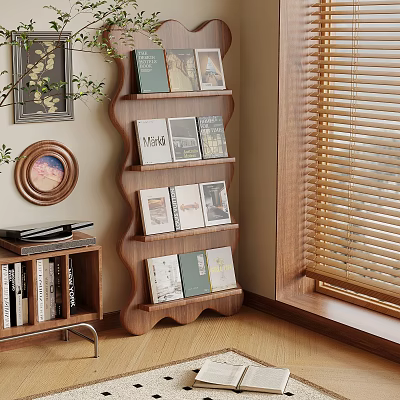 Wooden Wave Design Bookshelf Displaying Stacked Books In Natural Light Home Interior 3d model