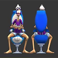 Cartoon Characters Sitting On Blue Purple Toilet Chairs With Hats And Controllers