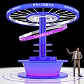 World AI Conference Exhibition Island With Blue Purple Design Spiral AI Innovation Achievements Man Pointing