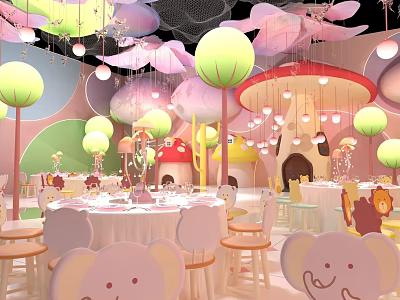 Colorful Children's Party Venue With Mushroom Decor Lanterns And Cartoon Chairs 3d model