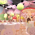 Colorful Children's Party Venue With Mushroom Decor Lanterns And Cartoon Chairs