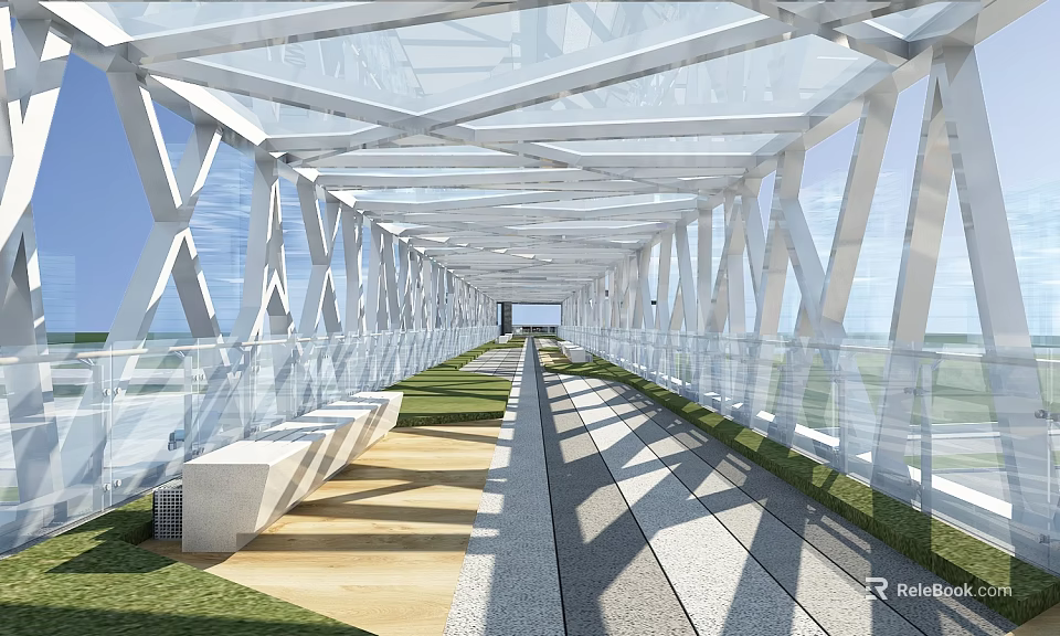 Modern Glass Steel Frame Pedestrian Bridge With Walkway Benches And Greenery 3d model 