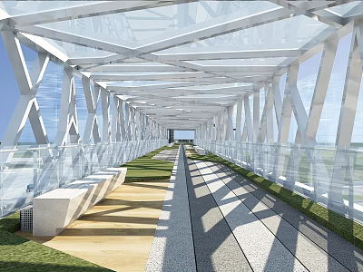 Modern Glass Steel Frame Pedestrian Bridge With Walkway Benches And Greenery 3d model