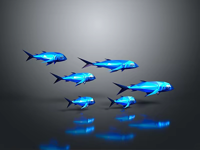 Shiny Blue Aquatic Animals Swimming Together In Dark Background With Clear Reflections 3d model