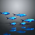 Shiny Blue Aquatic Animals Swimming Together In Dark Background With Clear Reflections