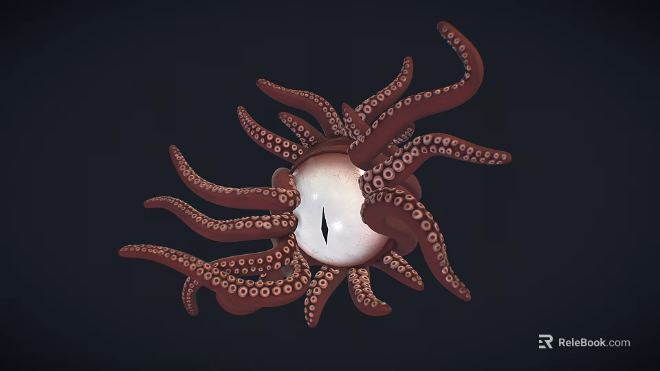 Realistic Octopus with Curled Tentacles Suckers and Central Eye on Dark Background 3d model 