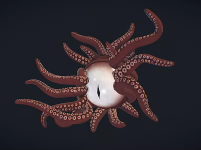 Realistic Octopus with Curled Tentacles Suckers and Central Eye on Dark Background 3d model