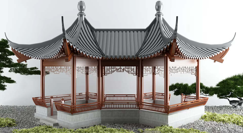 Traditional Chinese Pavilion With Curved Eaves Tile Roof And Carved Wooden Railings 3d model 