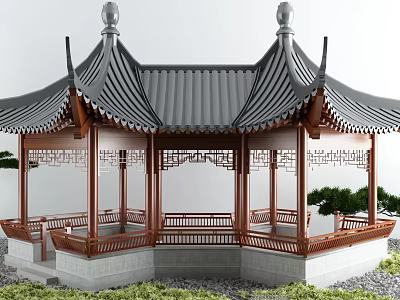 Traditional Chinese Pavilion With Curved Eaves Tile Roof And Carved Wooden Railings 3d model