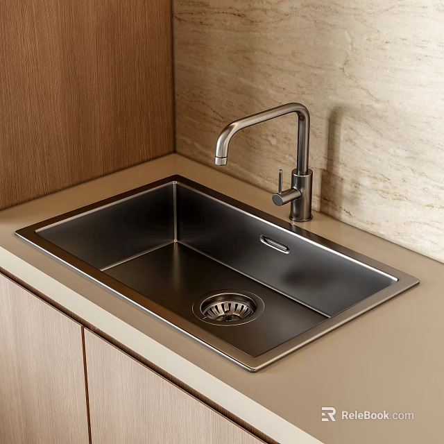 Stainless Steel Kitchen Sink With Modern Faucet On Light Countertop And Wooden Cabinets 3d model 