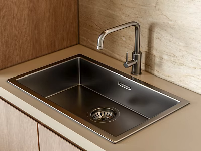Stainless Steel Kitchen Sink With Modern Faucet On Light Countertop And Wooden Cabinets 3d model