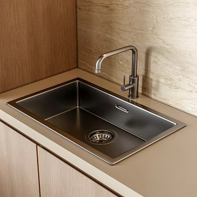 Stainless Steel Kitchen Sink With Modern Faucet On Light Countertop And Wooden Cabinets 3d model