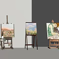 Art Supplies Display With Three Easels Canvas Paintings And Wooden Stools