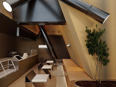 Modern Milk Tea Shop Interior Design With Sleek Counter Seats And Green Plant 3d model