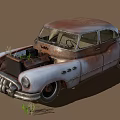 Rusty Old Car With Grass Growing Around In Open Space 3d model