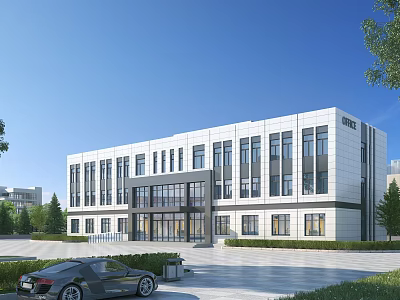 Modern Office Building Exterior Design With Glass Windows Landscaped Square And Greenery 3d model