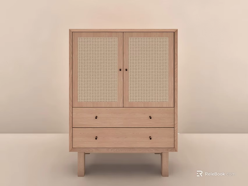 Natural Wood Entryway Side Cabinet With Rattan Doors And Storage Drawers Minimalist Style 3d model 