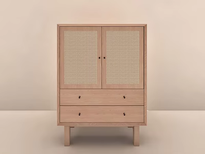 Natural Wood Entryway Side Cabinet With Rattan Doors And Storage Drawers Minimalist Style 3d model