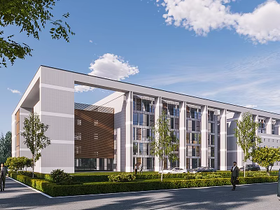 Modern Office Building Exterior Design With Glass Curtain Walls Trees And Green Lawn 3d model