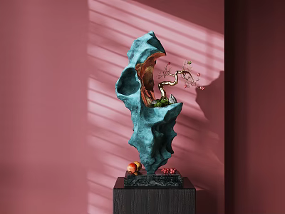 Artistic Blue Green Sculpture with Intricate Carving Floral Decor and Fruit on Black Wooden Base 3d model