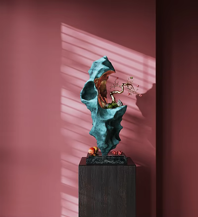 Artistic Blue Green Sculpture with Intricate Carving Floral Decor and Fruit on Black Wooden Base 3d model