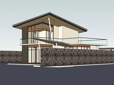 Modern Single Family House With Sloped Roof Large Glass Windows And Stone Wall 3d model