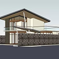 Modern Single Family House With Sloped Roof Large Glass Windows And Stone Wall