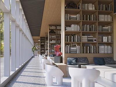 Modern Book Art Interior Design With Bookshelves White Chairs And Natural Light 3d model