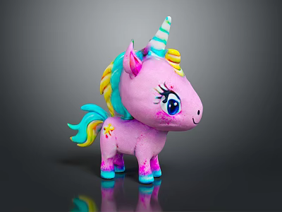 Cute Pink Unicorn Stuffed Toy With Colorful Mane Horn Big Eyes Blue Hooves And Eyelashes 3d model