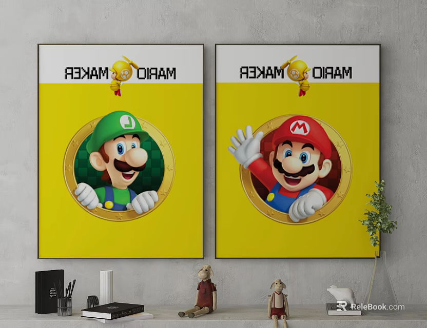 Mario Maker Posters With Mario Luigi Characters On Yellow Background For Room Decor 3d model