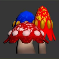Vibrant Cartoon Mushrooms In Fantasy Scene With Blue Red White Hats And Spotted Patterns