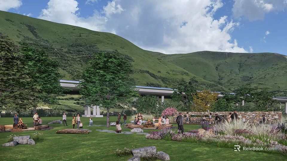 Rural Landscape With Green Mountains Blue Sky White Clouds Trees And People Gathering On Grass 3d model 