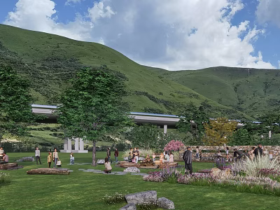 Rural Landscape With Green Mountains Blue Sky White Clouds Trees And People Gathering On Grass 3d model