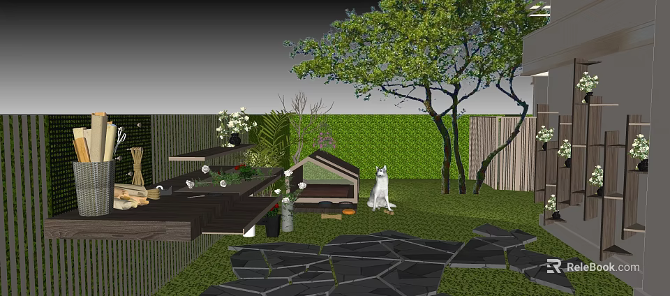 Garden Landscape With Green Lawn Tree White Dog Wooden Dog House And Stone Pathway 3d model 