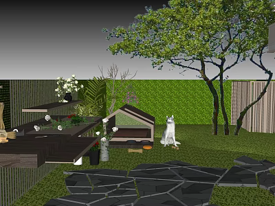 Garden Landscape With Green Lawn Tree White Dog Wooden Dog House And Stone Pathway 3d model