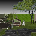 Garden Landscape With Green Lawn Tree White Dog Wooden Dog House And Stone Pathway