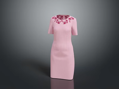 Elegant Pink Short Sleeve Dress With Red Floral Embroidery On Neckline And Texture Fabric 3d model