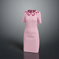 Elegant Pink Short Sleeve Dress With Red Floral Embroidery On Neckline And Texture Fabric