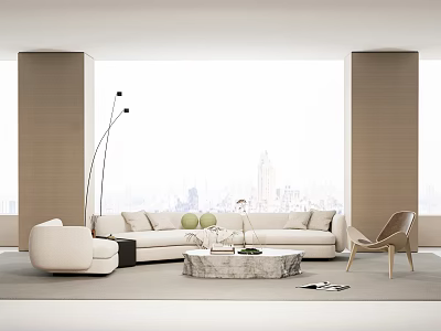 Modern Minimalist Living Room With Sofa Coffee Table Set Floor-to-Ceiling Windows And City View 3d model