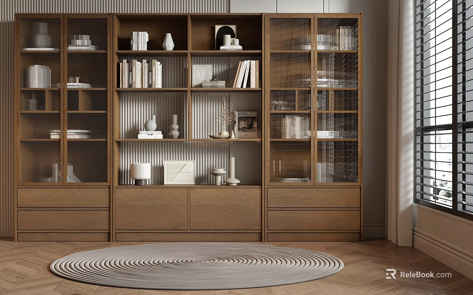 Modern Wooden Bookcase Interior Design With Open Shelves Glass Doors And Decorative Items 3d model 